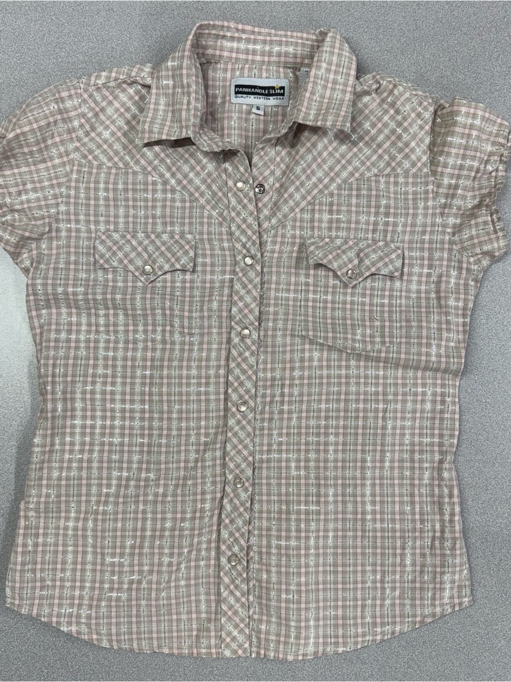 Panhandle Slim Western Beige and Pink Plaid with Silver Button-Down Shirt